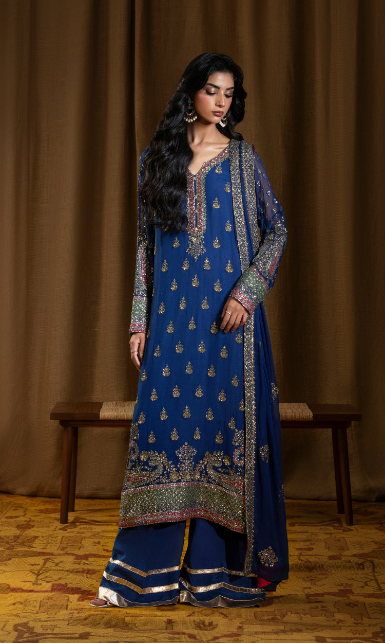 Anar Kali — True Blue Luxury  Chiffon Embroidered 3-Piece Suit | Afiay