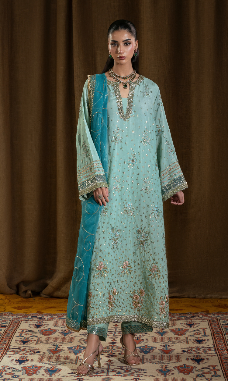 Sara — 3 Piece Luxury Embroidered Pure Dull Silk