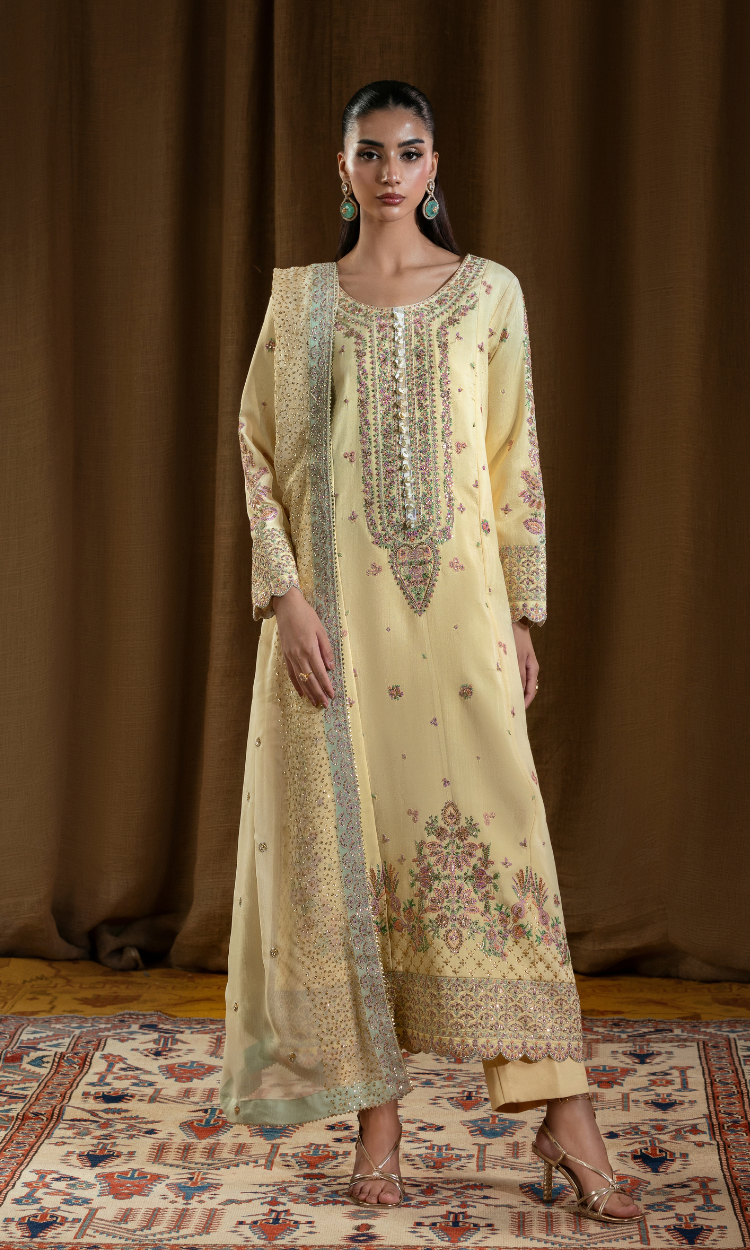 Meena —3 Piece Luxury Embroidered Pure Dull Silk