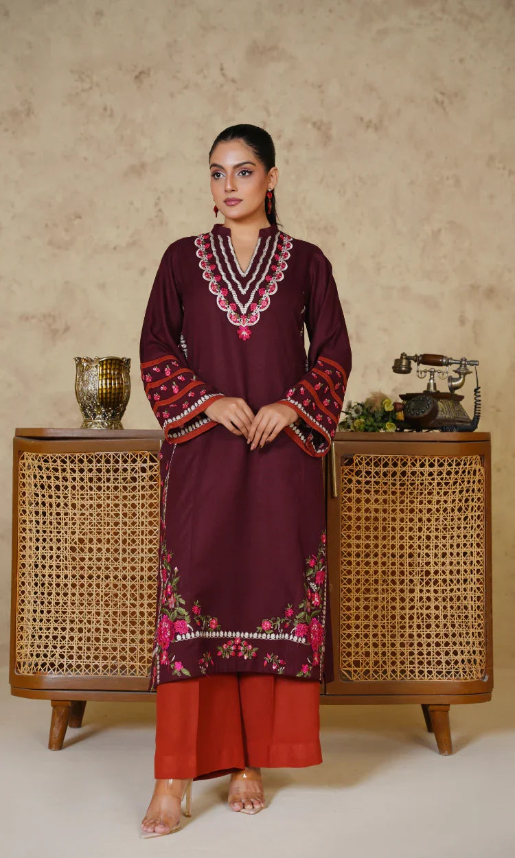 Maroon & Rust Contrast Embroidered Two-Piece Suit
