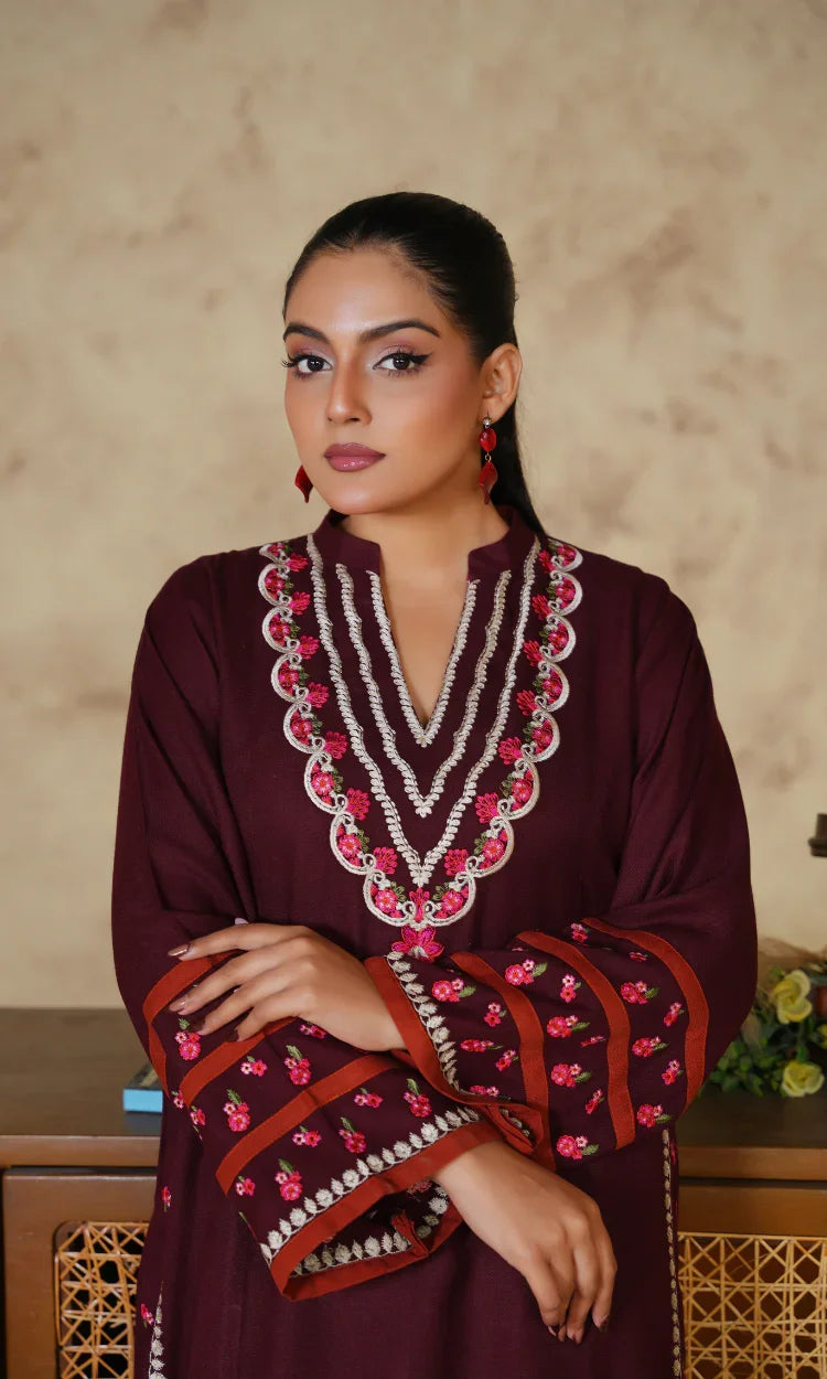 Maroon & Rust Contrast Embroidered Two-Piece Suit