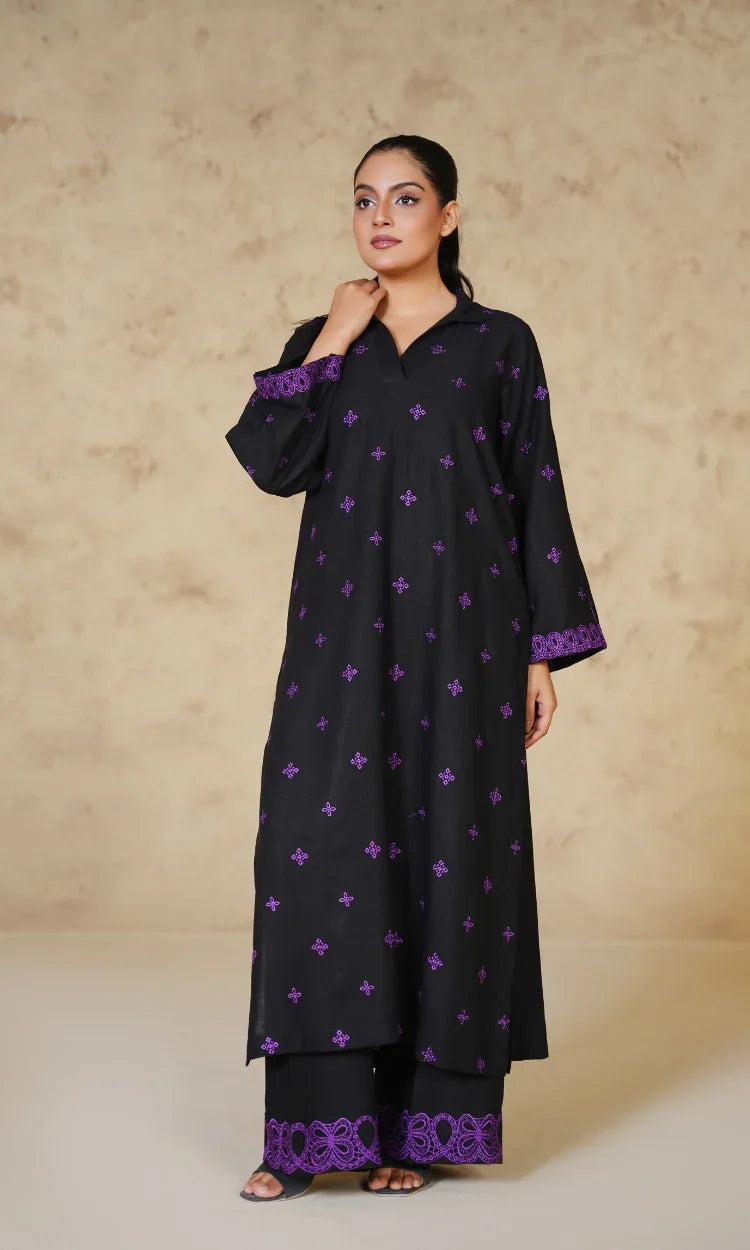 Black Embroidered Irish Cotton Linen Two-Piece