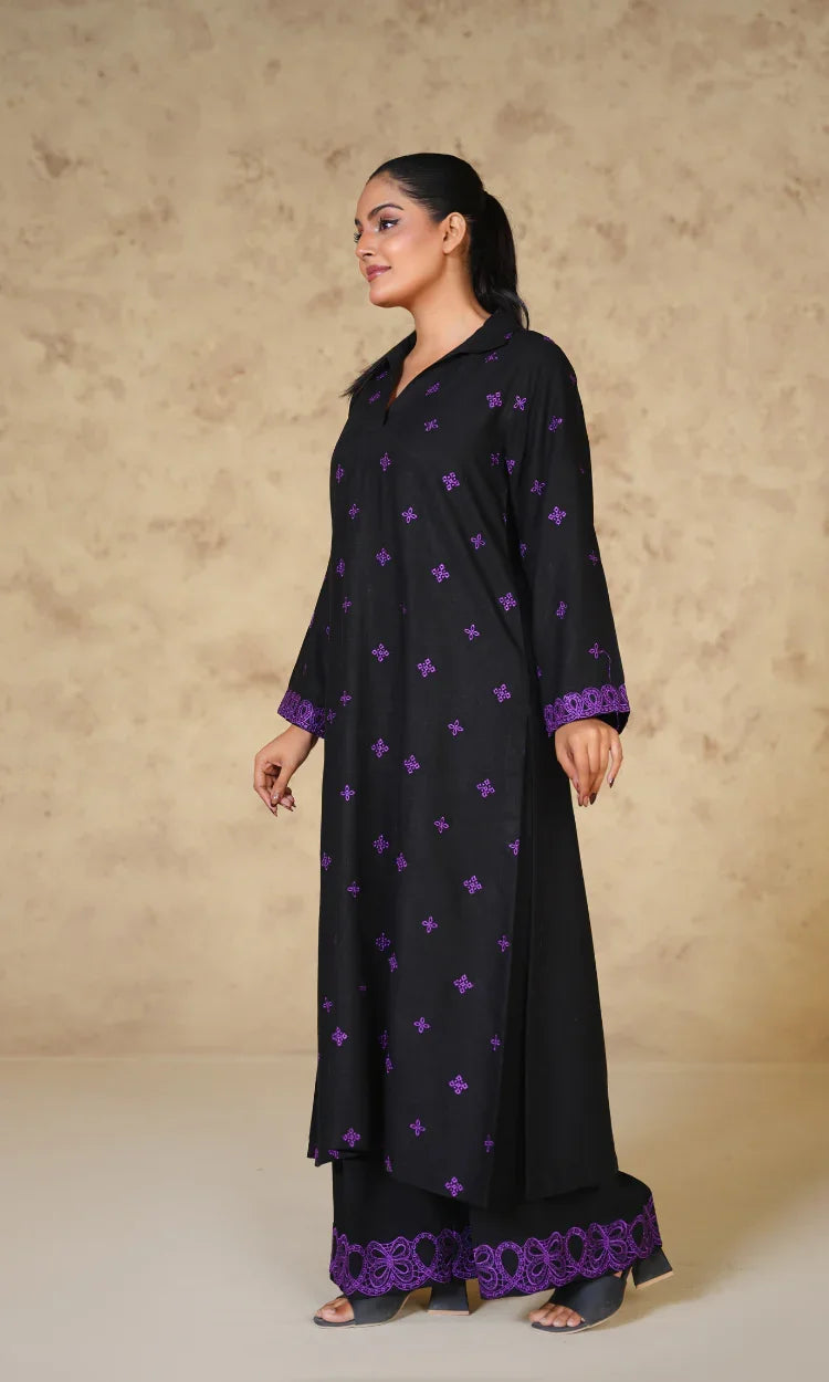 Black Embroidered Irish Cotton Linen Two-Piece
