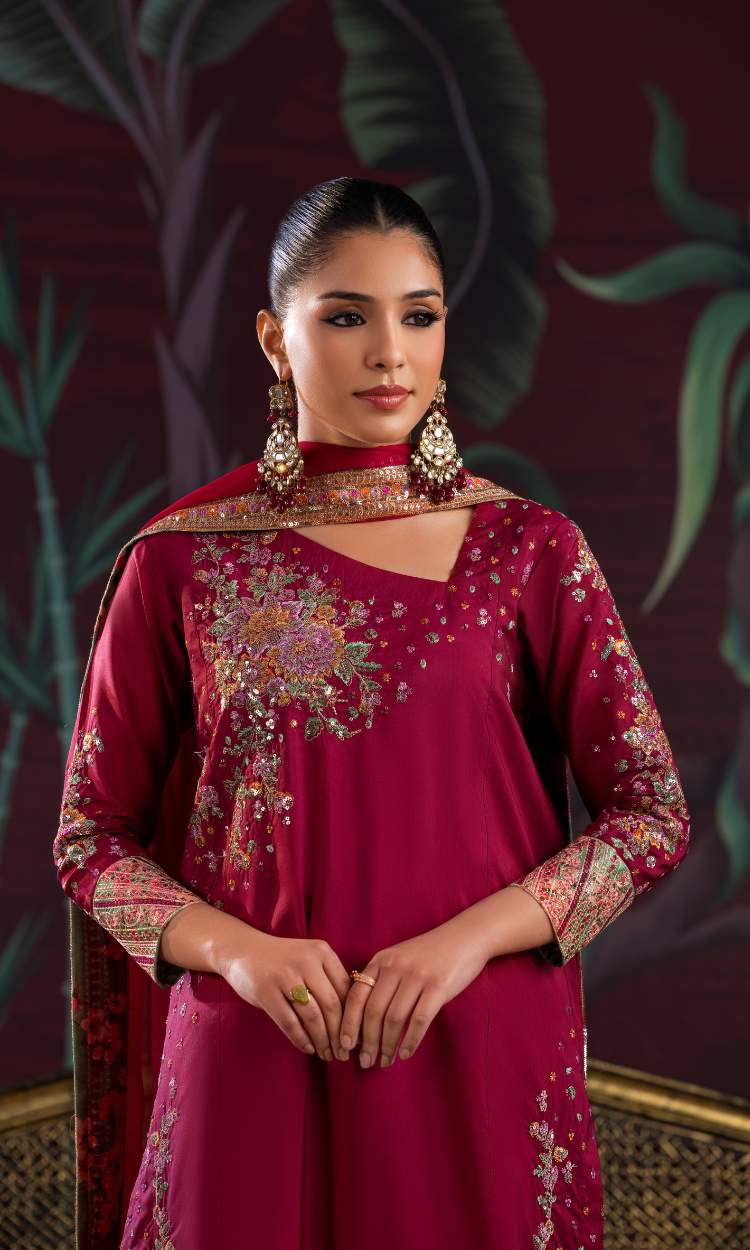 SK009-Designer Maroon Sheesha Silk Three Piece Suit