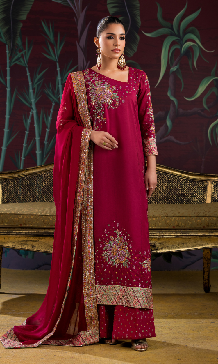 SK009-Designer Maroon Sheesha Silk Three Piece Suit