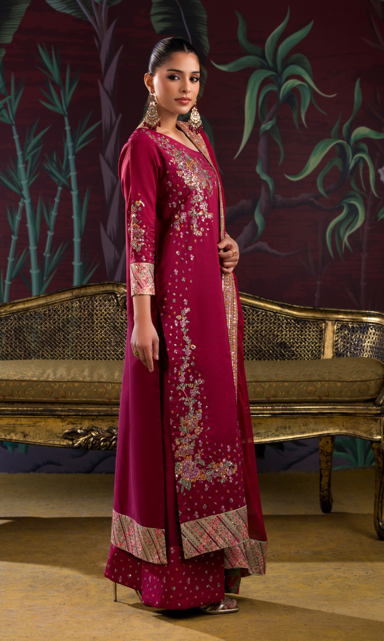 SK009-Designer Maroon Sheesha Silk Three Piece Suit