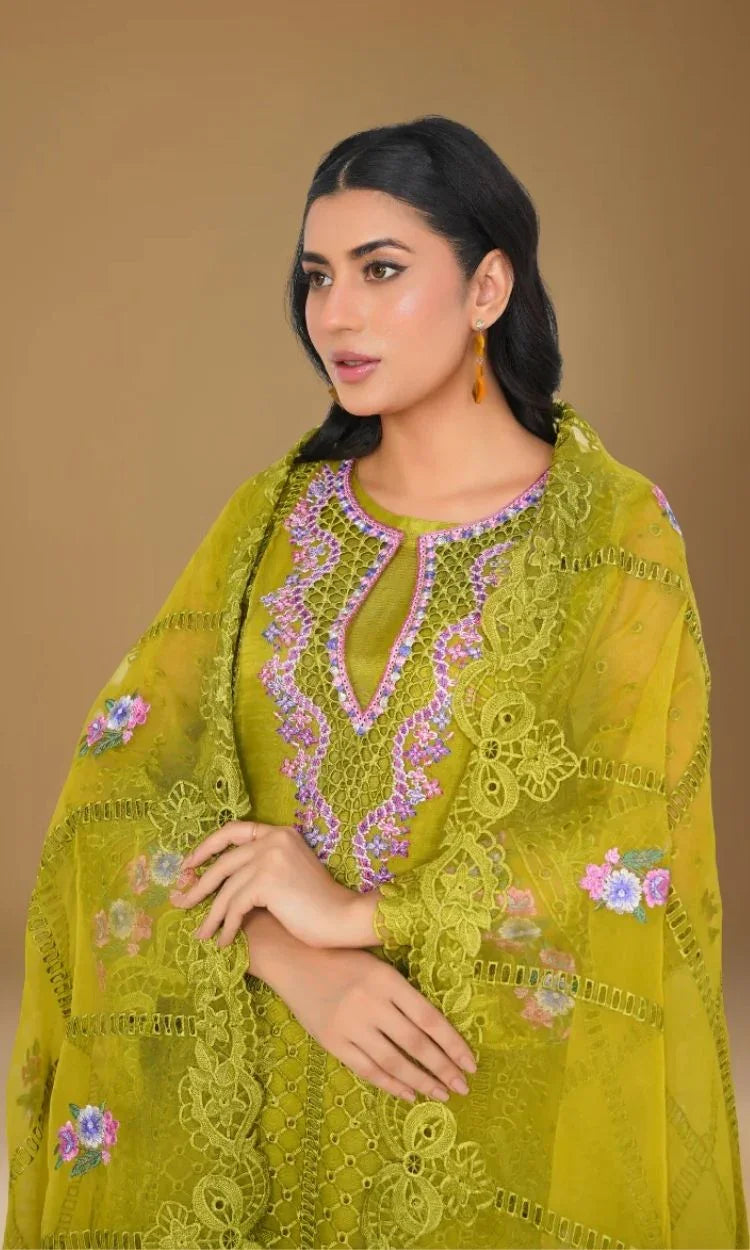 Organza 003-Olive Green Embroidered