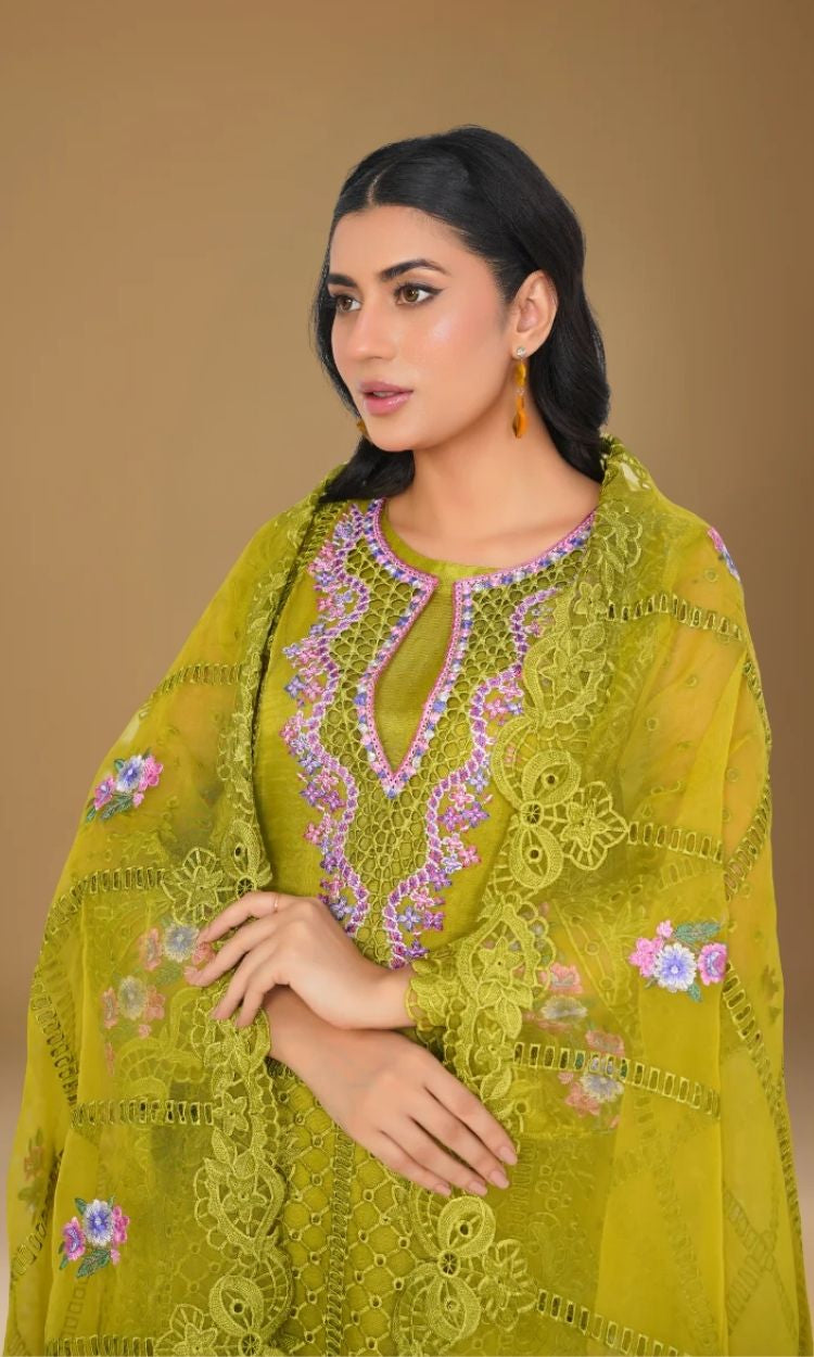 Organza 003-Olive Green Embroidered