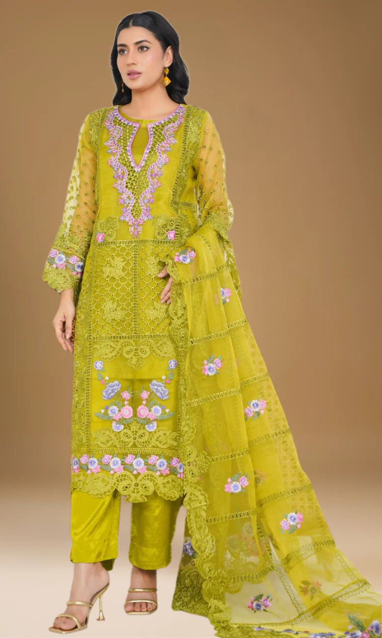 Organza 003-Olive Green Embroidered